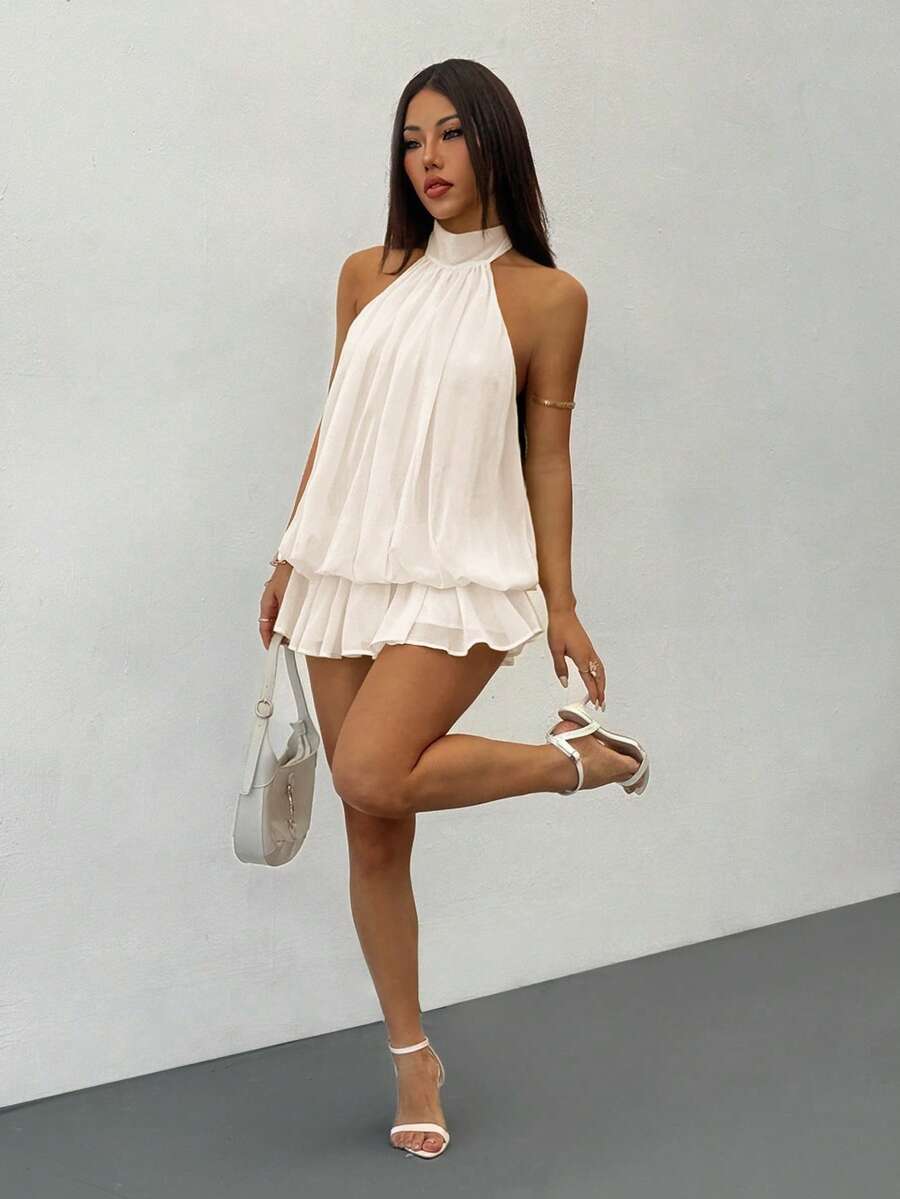 SHEIN PETITE Đầm ngắn không tay, cổ buộc dây, màu vàng nhạt thanh lịch, thích hợp cho tiệc tùng, hẹn hò, mùa thu/đông và xuân/hè. - Màu be - Xem 1