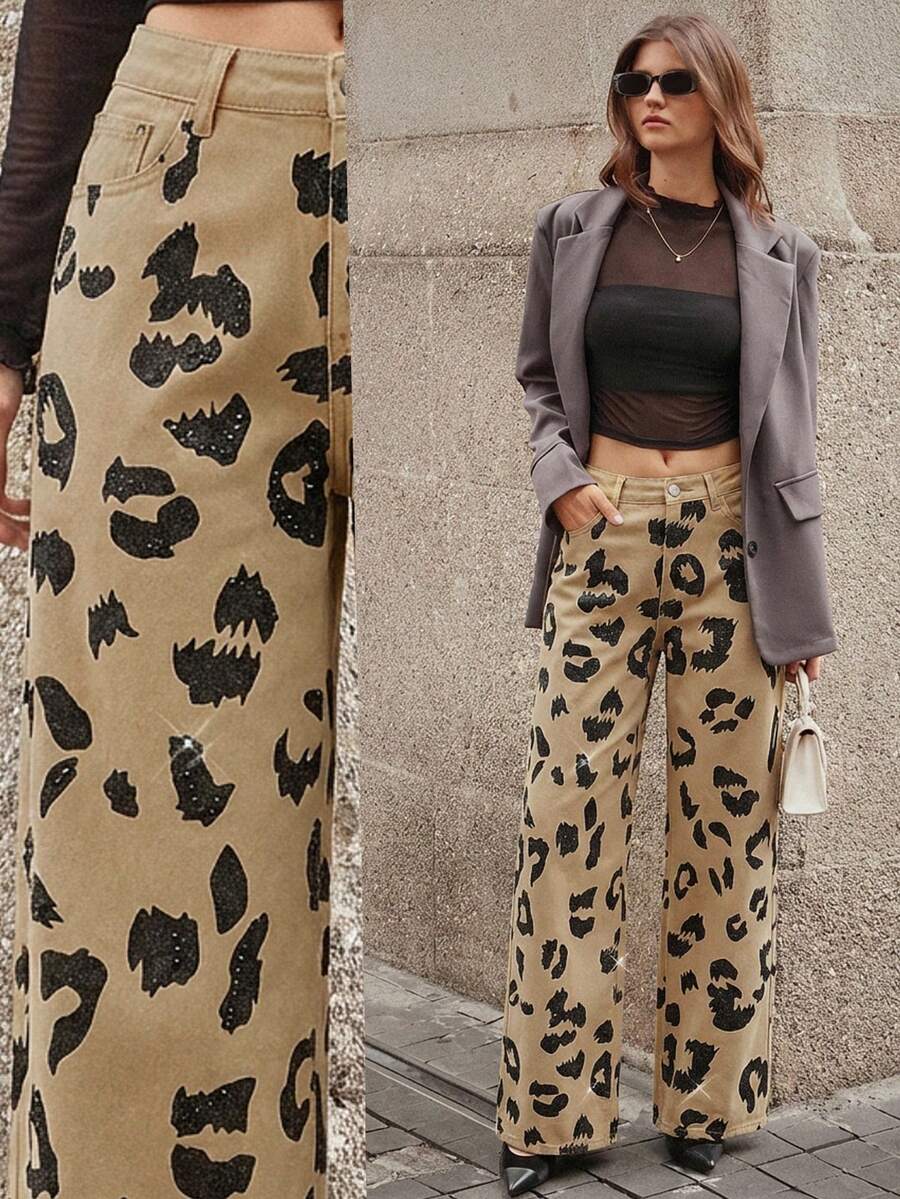 Selenza 女士豹纹水钻装饰口袋阔腿牛仔裤 - 杏色 - 查看 1