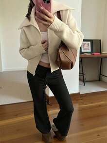 SHEIN EZwear Quần ống loe dệt kim tối giản màu đen dành cho nữ, có dây rút ở eo. - màu đen - Xem 6