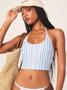 MISSGUIDED Striped Two Piece Bikini Set With Halter Top And Matching Bottom Summer Beach Swimwear - Multicolor - View 5