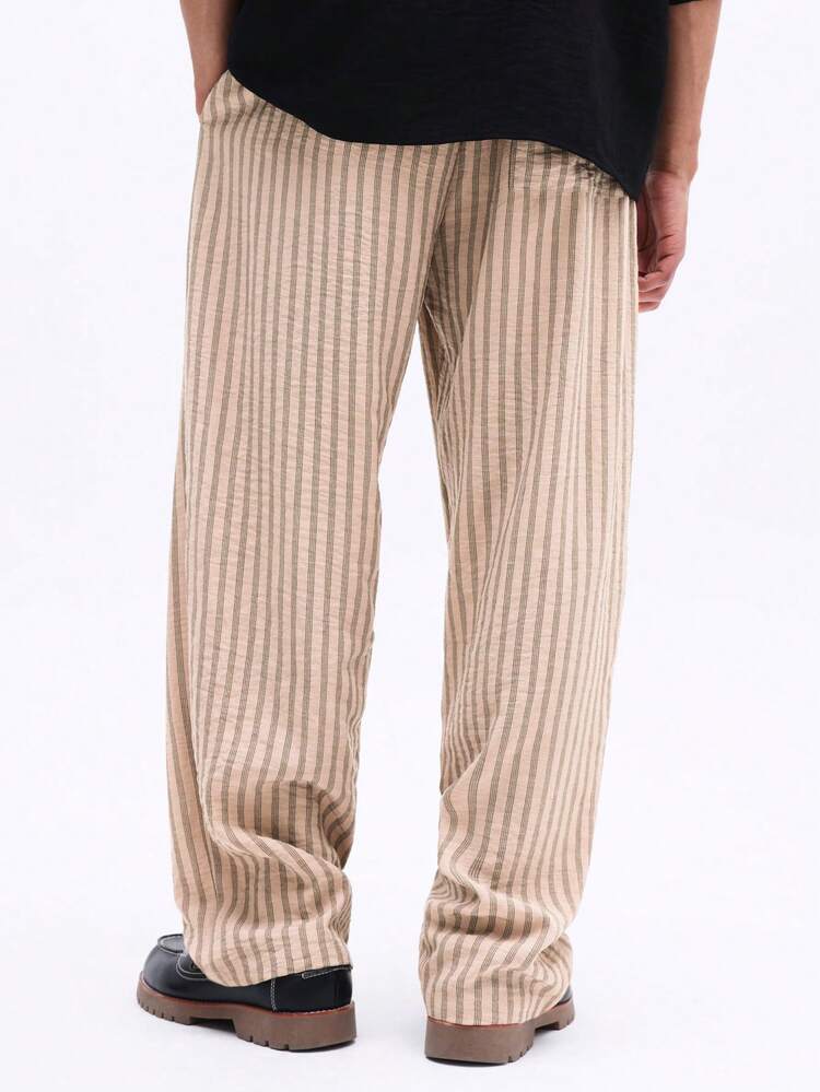 SUMWON Men's Relaxed Fit Striped Pull On Pants With Elastic Waist Vertical Brown Beige Pattern Casual Loose Drawstring Trousers