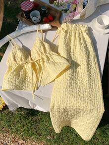 Comfortcana 女士编织条纹休闲度假两件套，春夏款 - 黃色 - 查看 4