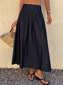 DAZY 西部牛仔褶裥长款宽松A字伞裙，休闲度假夏季女士牛仔裙 - 藍色 - 查看 4