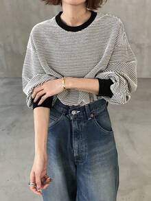 FRIFUL Áo thun dài tay cổ tròn kẻ sọc dáng thường ngày dành cho nữ - Màu be - Xem 6