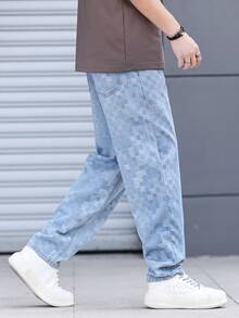 RivetRise Men's Casual Fashionable Street Chic Daily Commute Checkered Textured Washed Slim Fit Jeans Baggy Jeans Men - Light Wash - View 7