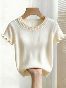 SHEIN Franclia New Spring/Summer Casual Loose Daily Elegant Elegant Commuting Pearl Trim Round Neck Soft Minimalist Low-Key Sweet Charming & Modern Refined Fashion High-End French Sweet Korean Gentle Commuting Women Knit Sweater - Apricot - View 1