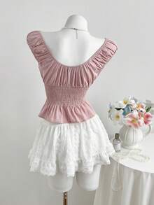 Elamini Women's Sweet Petal Sleeve U-Neck Ruched Waist Pure Cotton Short Sleeve Blouse, Summer - Pink - View 2