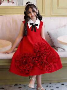 SHEIN 少女纯色梭织3D立体花朵荷叶边撞色蝴蝶结装饰泡泡袖A字连衣裙，公主裙，适合毕业典礼、生日派对、返校、情人节、花童等场合 - 紅色 - 查看 2