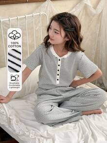 DAZY Tween Girl Striped Print Crew Neck Short Sleeve Top And Pants Pajama Set Summer - Multicolor - View 1