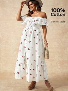 Đầm bầu mùa hè in hình quả anh đào, trễ vai, xếp ly. - trắng - Xem 9