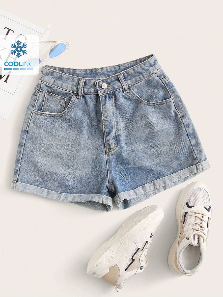 SHEIN EZwear Summer Rolled High-Rise Denim Shorts - Light Wash - View 1