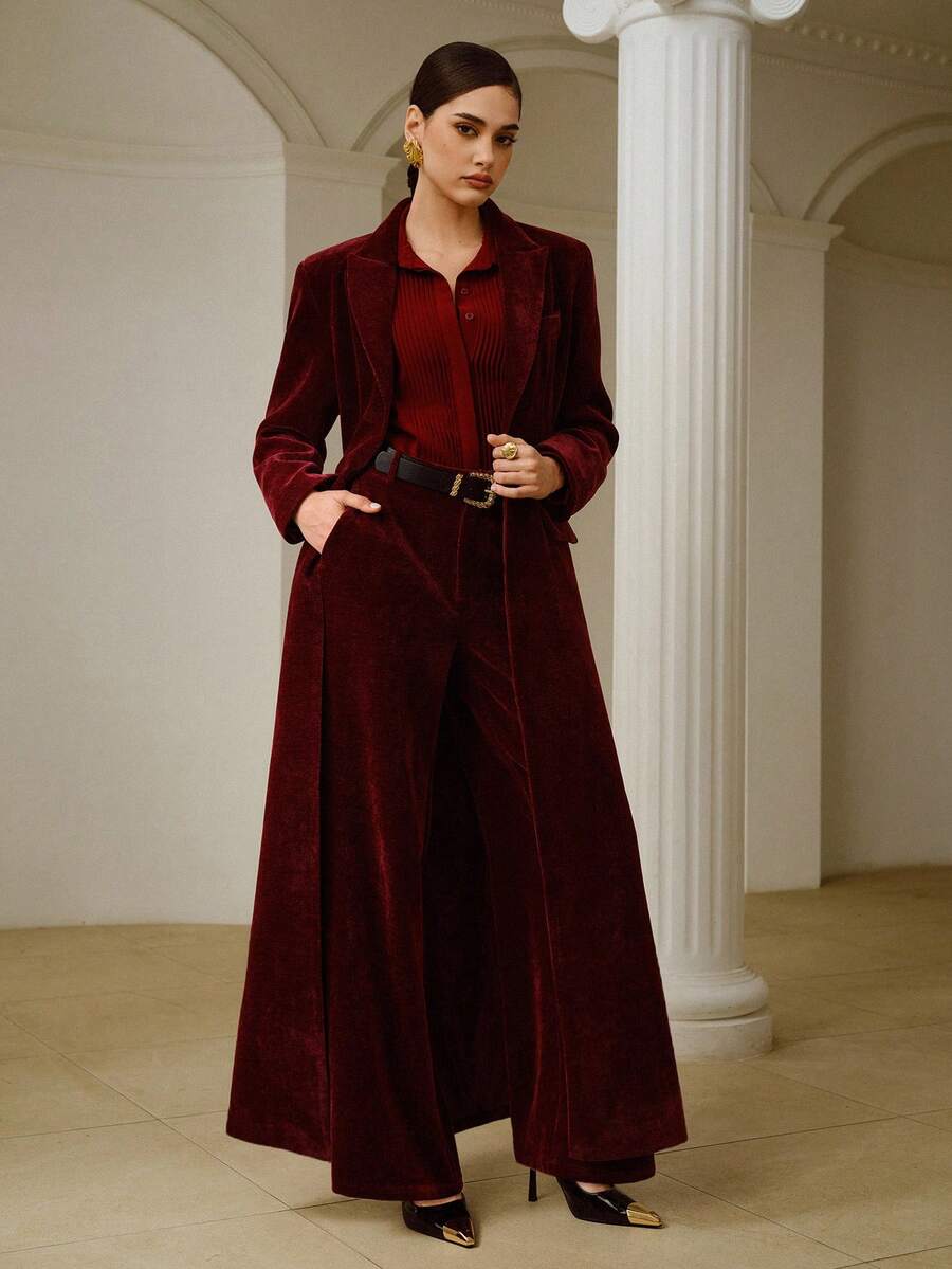 ZEYLAH Women's Fashionable Solid Color Wide Leg Pocket Pants, Autumn/Winter - Burgundy - View 1