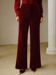 ZEYLAH Women's Fashionable Solid Color Wide Leg Pocket Pants, Autumn/Winter - Burgundy - View 2