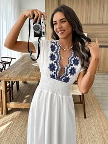 Louniche Women's Shirred Embroidered Waist Tie Side Slit Casual Vacation Dress, Spring/Summer - Blue and White - View 1
