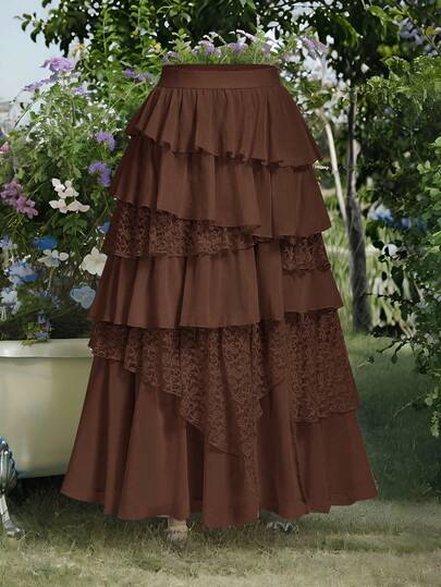 SHEIN MOD Plus Size Boho-Western Elegance: 70s Flowy Chiffon & Lace Maxi Skirt In Apricot Ruffled Skirt Layered Skirt Brown Skirt Western Skirts Bohemian Skirt