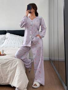 DAZY Ditsy Floral Ruched Shoulder Loose Women Pajama Set - Pink - View 3