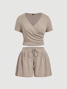 SHEIN MOD Plus Size Comfortable Set, Khaki Casual Brushed Ribbed Short Sleeve T-Shirt And Shorts Set, Spring/Summer Loungewear.Plus Size Taupe Ribbed Knit Two Piece Set Short Sleeve Top V Neck Wrap Front Drawstring Waist High Rise Shorts Soft Texture Lightweight Fabric Relaxed Fit Comfortable Wear Subtle Sheen Minimalist Style Elastic Waistband Casual Look Simple Design Gentle Stretch Summer Casual Outfit Woman Summer Outfit Set Shorts Outfit Set - Khaki - View 9