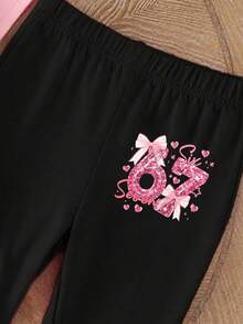 SHEIN 春夏少女休闲时尚创意个性清新可爱简约闪亮数字67蝴蝶结爱心星星字母印花休闲基础款粉色T恤搭配黑色喇叭裤套装，舒适日常穿着，温暖的夏秋风格，适合春季、夏季、秋季穿着。 - 彩色 - 查看 5