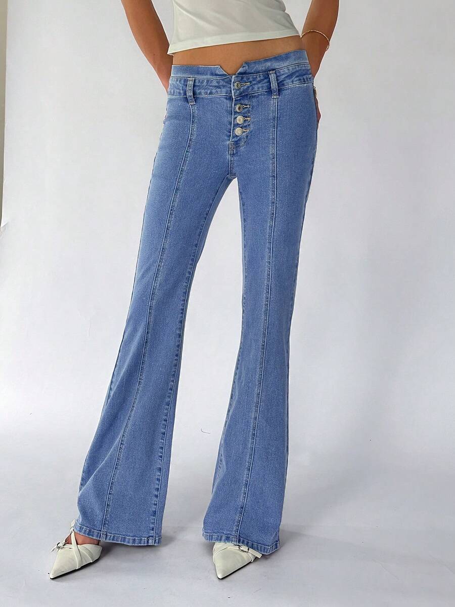 TRNVIE 女士休闲水洗低腰喇叭牛仔裤 - 藍色 - 查看 1