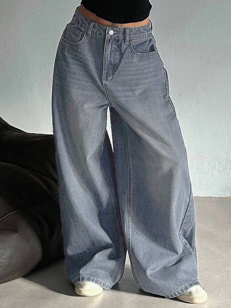 Women's Distressed Washed Wide Leg Jeans