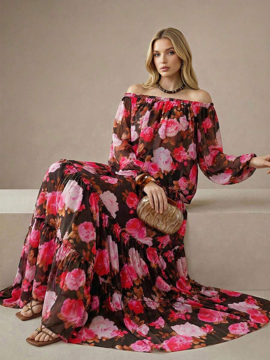 Arave 女士雪纺H型露肩浪漫印花优雅上衣 - 紅色 - 查看 1