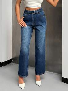 EURMUSE Jeans de cintura alta rectos con detalle de cinturón - Azul lavado medio - Ver 5