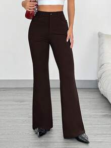 SHEIN EZwear Quần dài nữ cỡ lớn màu nâu sô cô la kiểu dáng thường ngày - Màu nâu Sô-cô-la - Xem 4