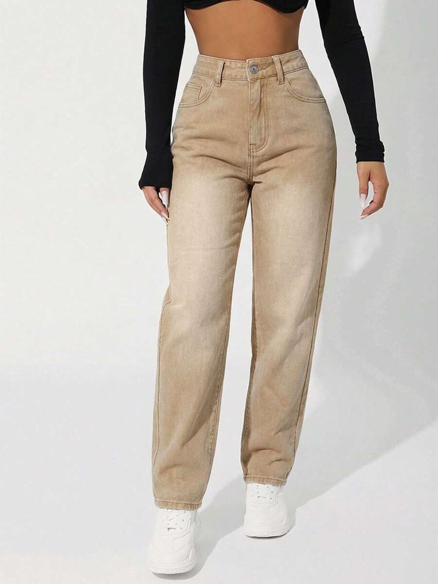 SHEIN PETITE Women's Solid Color Minimalist Everyday Denim Jeans - Apricot - View 1