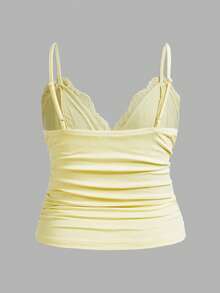 SHEIN ICON Plus Size Women Contrast Lace Bow Decor Ruffle Camisole, Summer Tops - Yellow - View 2