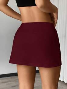 SHEIN EZwear 2件套女士黑色和酒红色针织休闲运动裙裤，夏季短裙，女士短裤内衬裙裤，网球裙，2条装短裙，女士短裙，女士网球裙，运动裙，女士短裙 - 酒紅色 - 查看 2