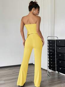 SHEIN EZwear 2件套 女士春夏针织褶皱抹胸上衣和喇叭裤套装 - 鵝黃色 - 查看 2