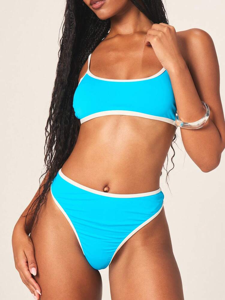 MISSGUIDED Two Piece Bikini Set With Contrast Trim Edge Strapless Bandeau Top Triangle Bottom High Waisted Summer Beach Swimwear