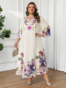 SHEIN CURVE+ 新款休闲卡通印花连衣裙，适合婚礼宾客，优雅连衣裙，波西米亚风印花连衣裙 - 杏色 - 查看 5