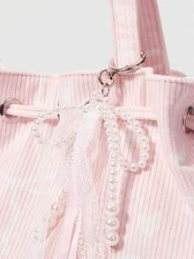 ROMWE Fairycore Sweet Lace Pearl Bow Tote Bag, Pink Striped Soft Girl Shoulder Bag, College Student Class Commute Bag - Pink bow - View 3