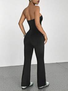 SHEIN Tall 春夏时尚镂空休闲运动针织修身喇叭裤连体裤，适合高个女性 - 黑色 - 查看 2