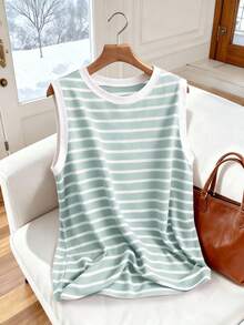 Breezaya 大码女式休闲简约黑白条纹T恤 - 綠色 - 查看 6