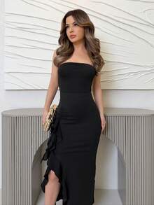 Jemour 女士时尚不对称设计高腰长筒裙，女士优雅褶皱、荷叶边、开叉大腿无袖露肩修身长款黑色纯色紧身连衣裙，修身女士长裙，春夏，派对/夜总会服装 Y2K 服装节日派对生日礼服 - 黑色 - 查看 6