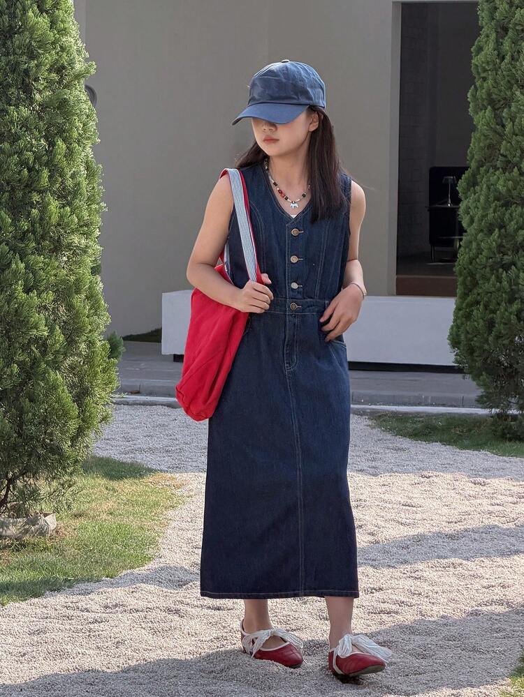 Tween Girls' V-Neck Button Half Placket Pocket Casual Sleeveless Denim Dress