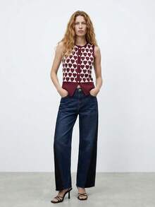Maija Women's Heart Pattern Sleeveless Knit Top With Metal Heart Buckle,Burgundy,Summer,90s Retro,Everyday Chic Essential Maroon Knit Top For Work - Red and White - View 3