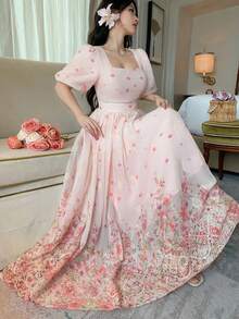 DAZY 法式花卉印花花瓣袖温柔公主风仙女连衣裙 - 米色 - 查看 4