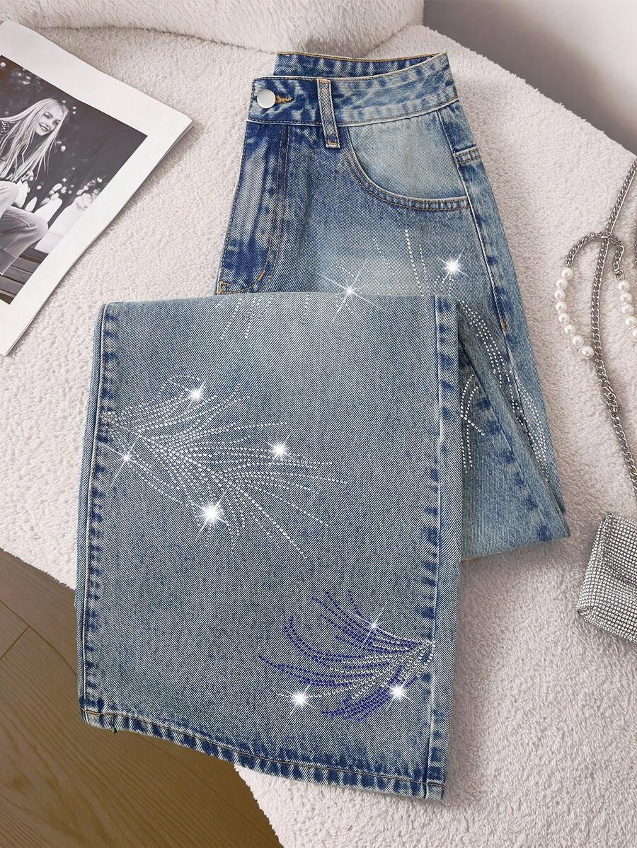GlowEve Women's Casual Washed Rhinestone Embellished Wide Leg Jeans - Blue - View 1