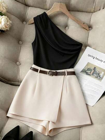 GlowEve CURVE Conjunto de 2 peças, Top Casual Assimétrica sem Mangas e Shorts, Plus Size, Verão