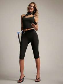 Hauture Women's Front Ruched With Ornament Detail Simple Sexy Stretch Knit Capri Pant - Black - View 5