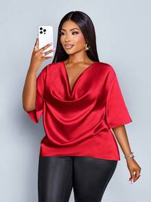 SOLERSUN 大码女式时尚纯色优雅高领蝙蝠袖衬衫，夏季宽松飘逸，红色缎面材质，2026款，适合新年、派对、夏季、度假、情人节等场合，款式端庄得体。 - 紅色 - 查看 6