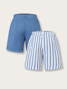 SHEIN Casuvi Kids 2pcs/Set Boys' Shorts,Solid Navy Minimalist Style,Blue & White Striped Fresh & Neat,Cuffed Hem,Pockets Design Practical & Stylish,Summer Beach Shorts - Blue - View 2