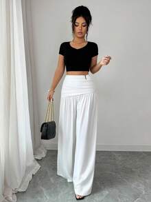 SHEIN Elenzya 白色高腰褶裥阔腿裤，垂坠宽松长裤，优雅正装/休闲装，显瘦 - 白色 - 查看 4