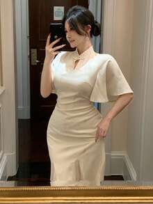 DAZY Đầm nữ thanh lịch họa tiết hoa phối ghép, cổ tàu, tay bồng, dài ngang gối, mùa hè, đầm dự tiệc cưới, đầm maxi nữ. - Màu be - Xem 10