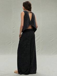 SoleilVie Women's Casual Fashion Street Style Everyday Commute Washed Tank Top And Wide Leg Loose Pants 2-Piece Set, Spring/Summer/Autumn Wide Leg Pants Set Pants Sets For Women Summer Co Ords Sets Women Ladies Casual Sets Cotton 2 Piece Set - Black - View 2