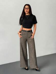 SHEIN PETITE 女士纯色口袋阔腿宽松休闲裤，适合通勤、办公穿着/复古风格/时尚外出/春夏保暖羊毛斜纹直筒裤/夏季女士裤装，棕色斜纹直筒裤，工作裤，秋季 - 咖啡棕 - 查看 8