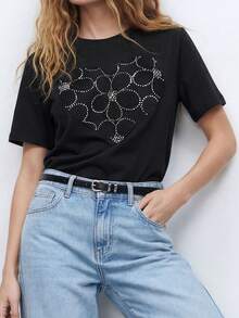 Maija Women's Casual Rhinestone Flower Graphic Round Neck Short Sleeve T-Shirt, Summer - Black - View 3